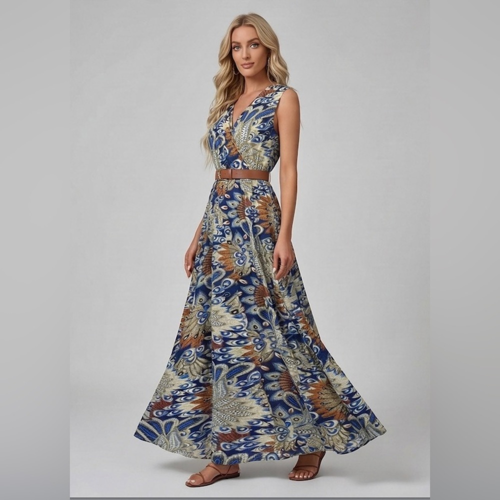 Bohemian Peacock Print V-Neck Maxi Dress - Picture 3 of 10
